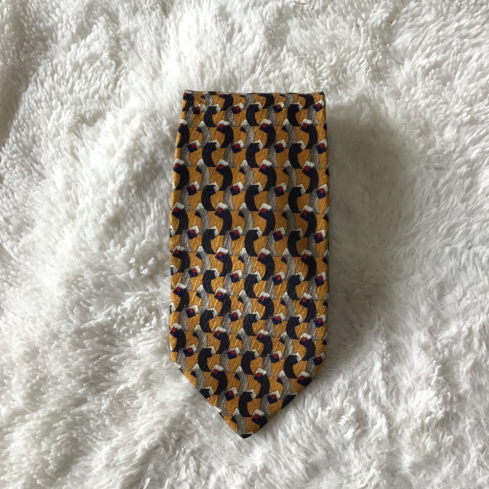VTG HuberTeam Silk Made In Italy Men Neck Tie Orange Geometric Golf Embroidered